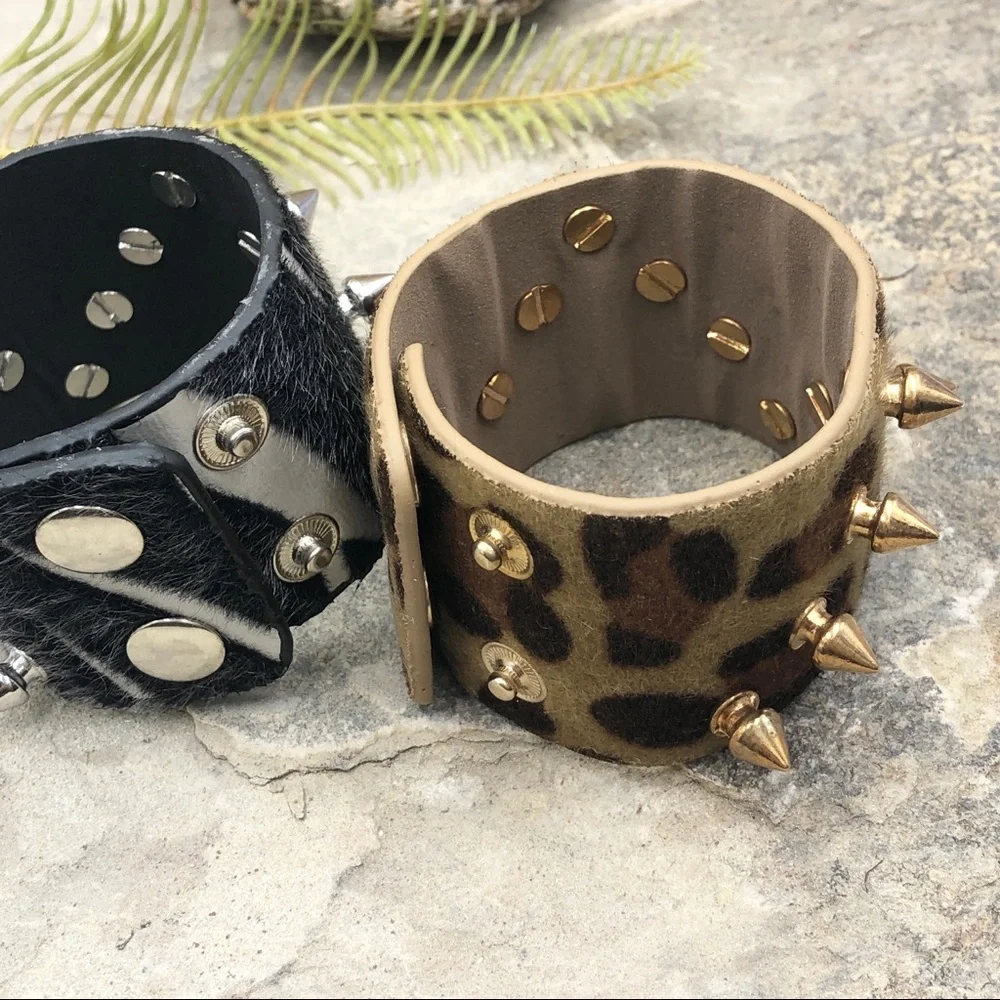 🌼 Wide Fur Spike Punk Snap Wrap Bracelet